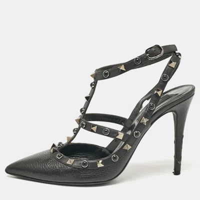 Pre-owned Valentino Garavani Black Leather Rockstud Strappy Pointed Toe Pumps Size 39