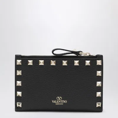 Valentino Garavani Black Leather Rockstud Zip Card Holder