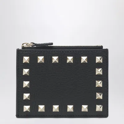 Valentino Garavani Black Leather Rockstud Zip Card Holder