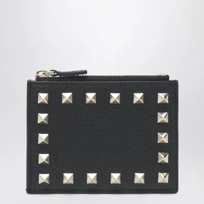 Valentino Garavani Valentino Black Leather Rockstud Zip Card Holder