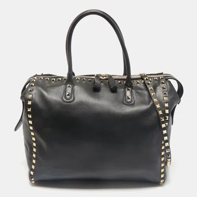 Pre-owned Valentino Garavani Black Leather Rockstud Zip Satchel