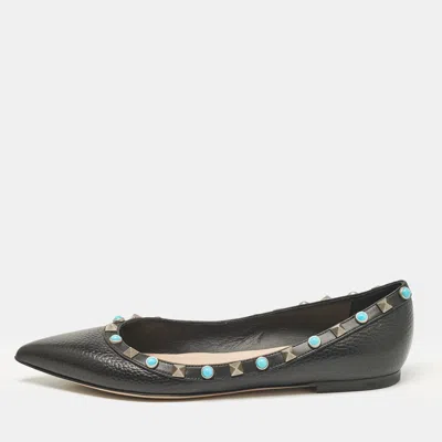 Pre-owned Valentino Garavani Black Leather Rolling Rockstud Ballet Flats Size 36.5