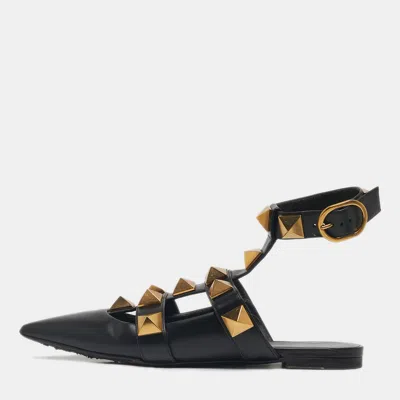 Pre-owned Valentino Garavani Black Leather Roman Stud Ankle Strap Ballet Flats Size 37