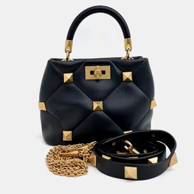 Pre-owned Valentino Garavani Black Leather Roman Studded Tote And Shoulder Bag