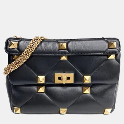 Pre-owned Valentino Garavani Black Leather Roman Studded Tote And Shoulder Bag Large