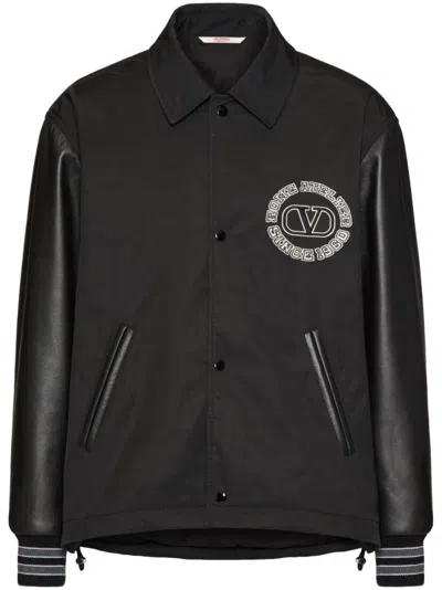 VALENTINO BLACK LEATHER SLEEVES NYLON BOMBER JACKET