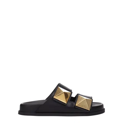 Valentino Garavani Black Leather Slippers Sandals In Gold