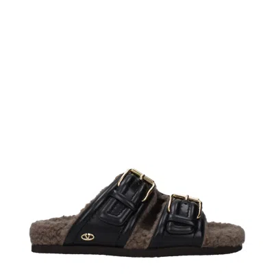 Valentino Garavani Black Leather Slippers Sandals In Brown