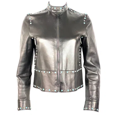 Pre-owned Valentino Black Leather Studded Jacket Size 8