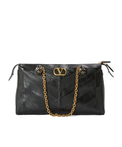 Valentino Garavani Black Leather Tote In Red