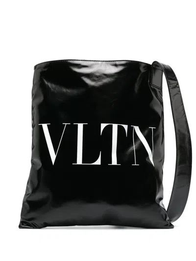 Valentino Garavani Black Leather Tote Handbag With Contrasting Vltn Print For Men