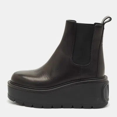 Pre-owned Valentino Garavani Black Leather Uniqueform Platform Ankle Length Boots Size 38.5