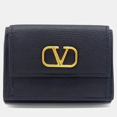 Pre-owned Valentino Garavani Black Leather V-logo Half Wallet