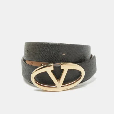 Pre-owned Valentino Garavani Black Leather Vlogo Buckle Belt 85cm