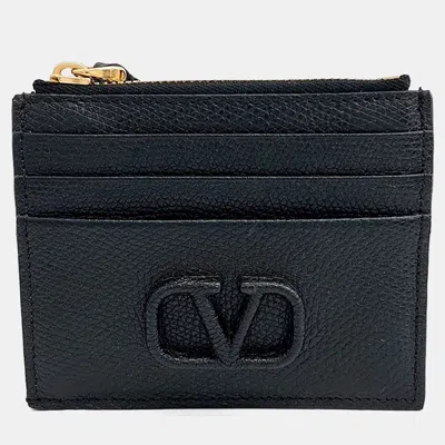 Pre-owned Valentino Garavani Black Leather V-logo Card Holder