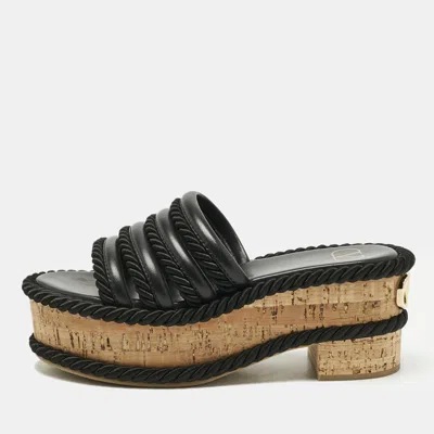 Pre-owned Valentino Garavani Black Leather Vlogo Cork Platform Sandals Size 37