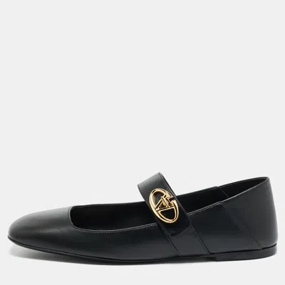 Pre-owned Valentino Garavani Black Leather Vlogo Mary Jane Ballet Flats Size 38.5
