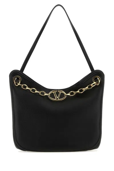 Valentino Garavani Black Leather Vlogo Moon Shopping Bag In Nero