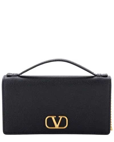 Pre-owned Valentino Garavani Valentino Black Leather Vlogo Signature Wallet On Chain (authentic Pre-loved)