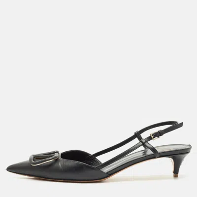 Pre-owned Valentino Garavani Black Leather Vlogo Slingback Pumps Size 37