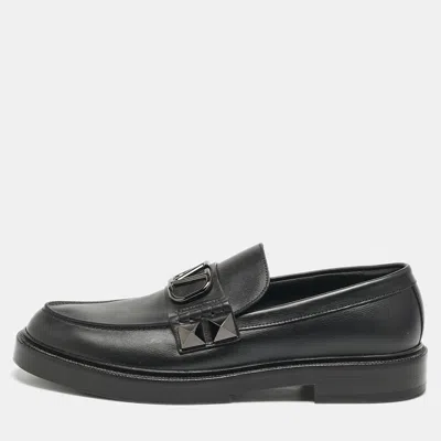 Pre-owned Valentino Garavani Black Leather Vlogo Slip On Loafers Size 44