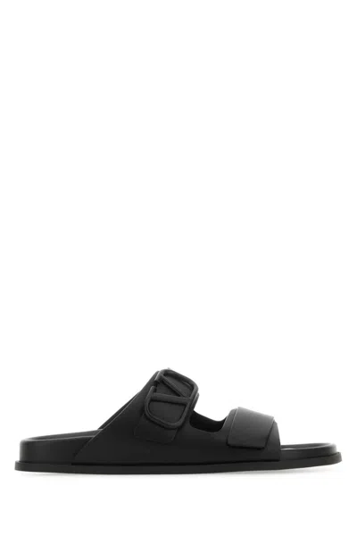 Valentino Garavani Black Leather Vlogo Slippers