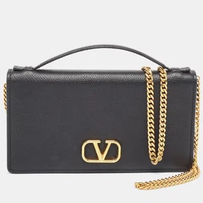Pre-owned Valentino Garavani Black Leather Vlogo Wallet On Chain
