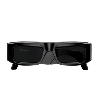 Valentino Black Linea V Logo Recycled Acetate Rectangular Sunglasses
