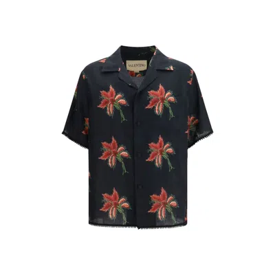 Valentino Camp Collar Shirt Floral Pattern Short Sleeves In Blue