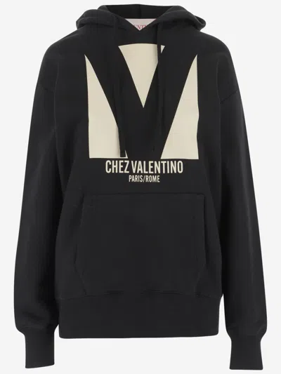 Valentino Garavani Cotton Hoodie With Print In Black
