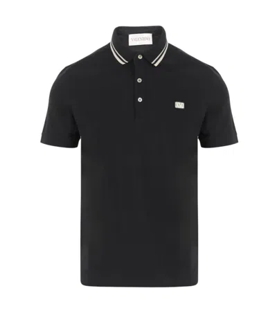 Valentino Cotton Piqué Polo Shirt With V-logo Patch In Black