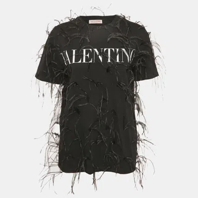 Pre-owned Valentino Black Logo Print Jersey Feather Trim T-shirt S