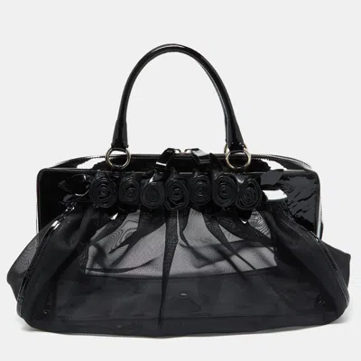Pre-owned Valentino Garavani Black Mesh And Patent Leather Petale Rose Dome Satchel
