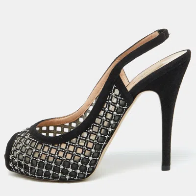 Pre-owned Valentino Garavani Black Mesh And Suede Crystal Embellished Peep Toe Pumps Size 38.5