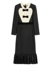 Valentino Belted Bow-embellished Velvet And Ottoman-trimmed Wool Midi Dress In Black