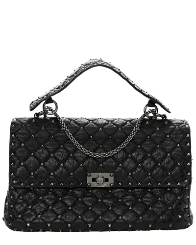Valentino Garavani Valentino Black Nappa Leather Craquele Large Rockstud Spike Shoulder Bag  (authentic Pre-loved)