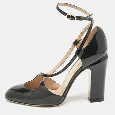 Pre-owned Valentino Garavani Black Patent Leather Ankle Strap Block Heel Pumps Size 36
