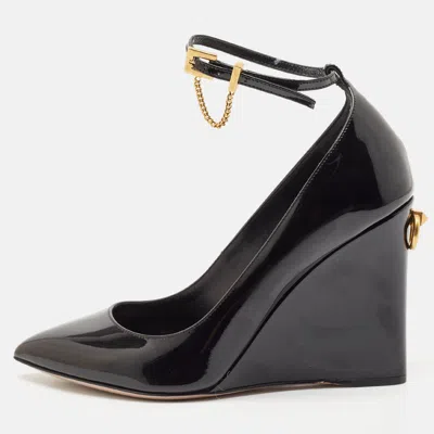 Pre-owned Valentino Garavani Black Patent Leather Ankle Strap Wedge Pumps 36