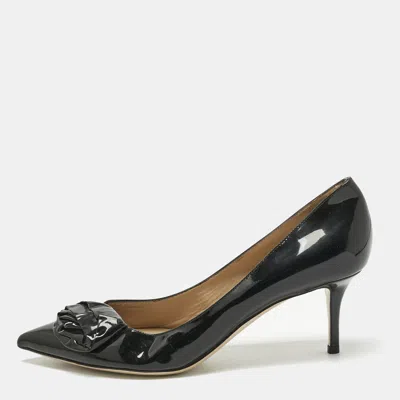 Pre-owned Valentino Garavani Black Patent Leather Flower Bow Pointed Toe Pumps Size 39.5