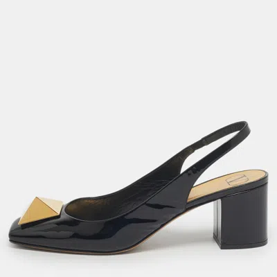 Pre-owned Valentino Garavani Black Patent Leather One Stud Block Heel Pumps Size 38