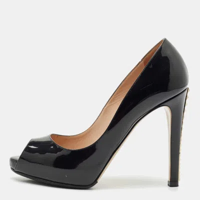 Pre-owned Valentino Garavani Black Patent Leather Rockstud Heel Peep Toe Pumps Size 37.5