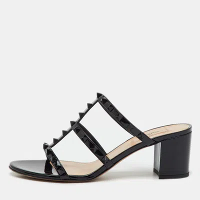 Pre-owned Valentino Garavani Black Patent Leather Rockstud Slide Sandals Size 40.5
