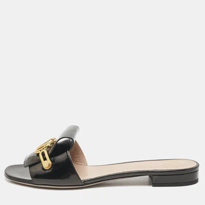 Pre-owned Valentino Garavani Black Patent Leather Vclub Flat Slides Size 39.5