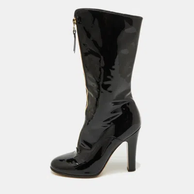 Pre-owned Valentino Garavani Black Patent Leather Zip Detail Mid Calf Length Boots Size 40