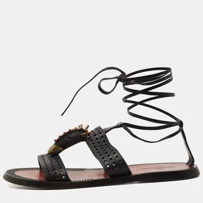 Pre-owned Valentino Garavani Black Perforated Leather Ankle Tie Sandals Size 38