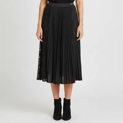 Pre-owned Valentino Black Plissé Knit Lace Trim Midi Skirt L