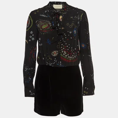 Pre-owned Valentino Black Print Silk And Velvet Long Sleeve Playsuit M