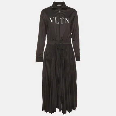 Pre-owned Valentino Black Printed Jersey And Plisse Turtleneck Midi Dress L
