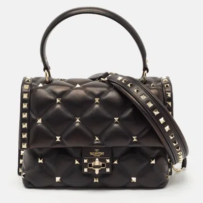 Pre-owned Valentino Garavani Black Quilted Leather Medium Candystud Top Handle Bag