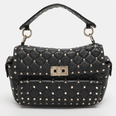 Pre-owned Valentino Garavani Black Quilted Leather Medium Rockstud Spike Top Handle Bag